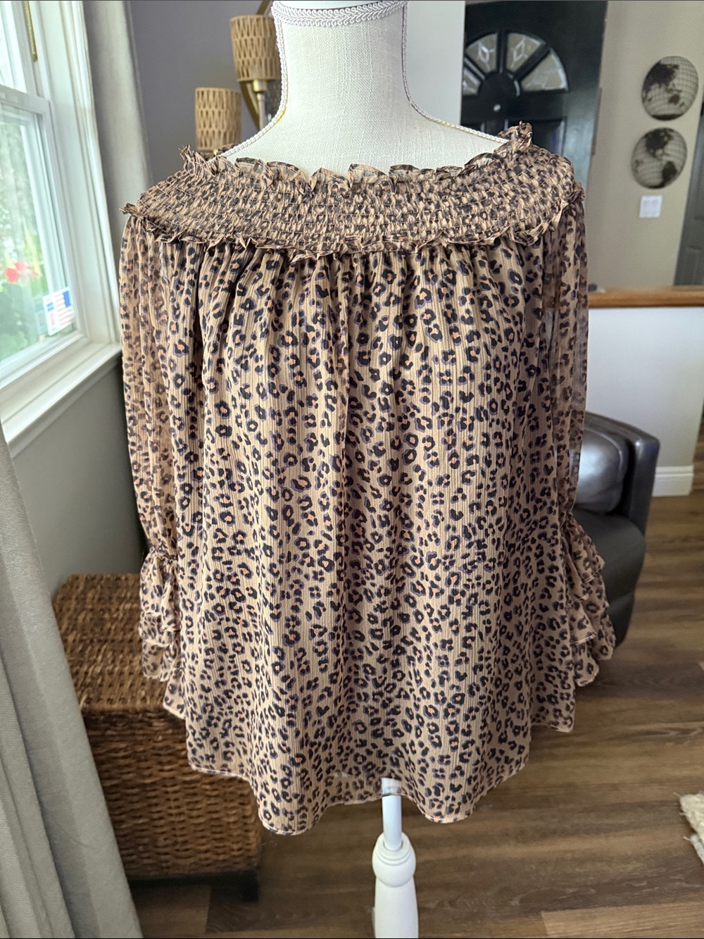 CeCe Brown Leopard Print Off-Shoulder Smocked Top